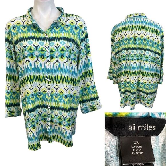 Ali Miles top womens plus sz 2X Printed Woven Linen Blend 3/4 Sleeve Button -12 - Picture 1 of 7